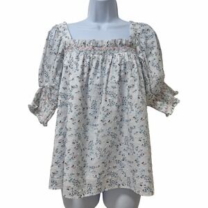 Dondolo Womens Eloise Floral Swiss Dot Smocked Blouse Size S White Feminine NEW